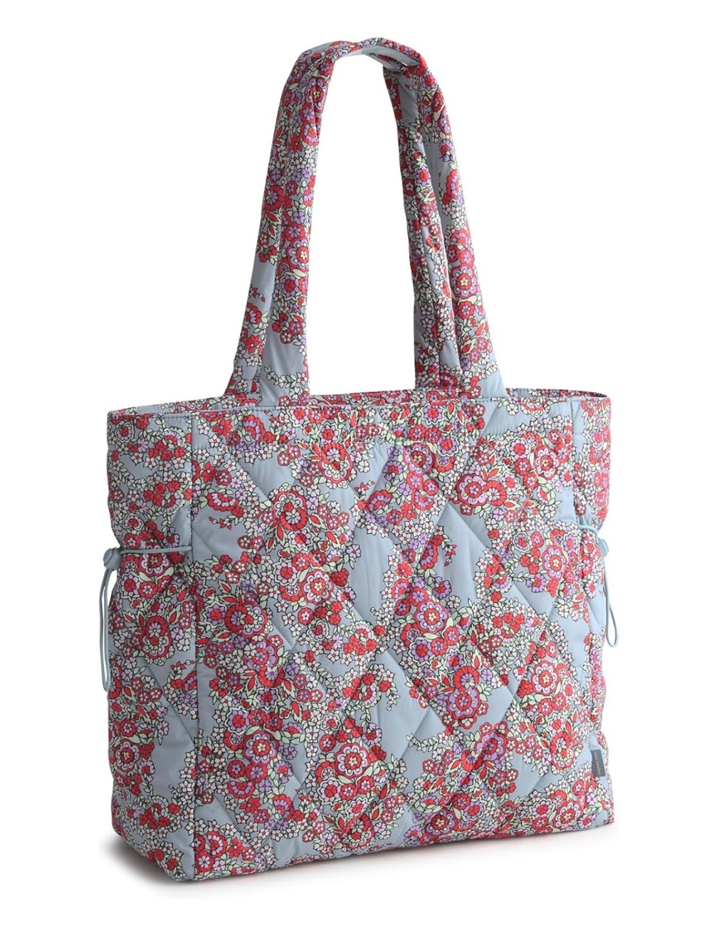 New Vera Bradley  Blue Quilted FeatherweightTote with Pink & Red Floral Print